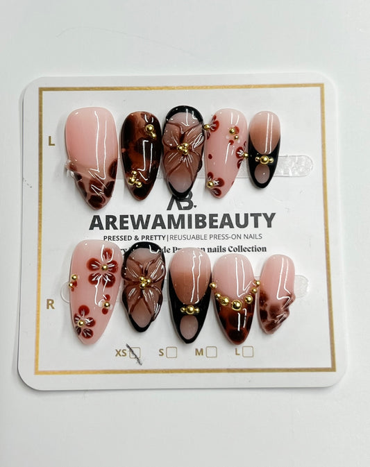 Chocolate flower - Handmade Pop On Acrylic Press On Nails