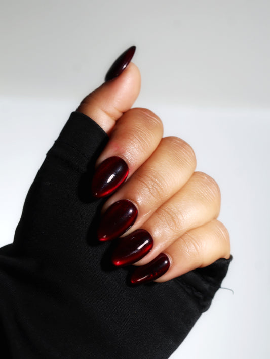 Ruby (short almond)-Glass Cat eye Handmade Pop On Acrylic Press On Nails